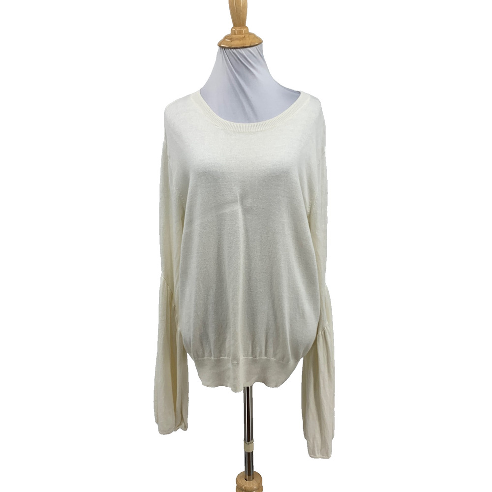 Leith Sweater Womens L Large Ivory Wool Blend Knit Flared Bell Sleeves Pullover